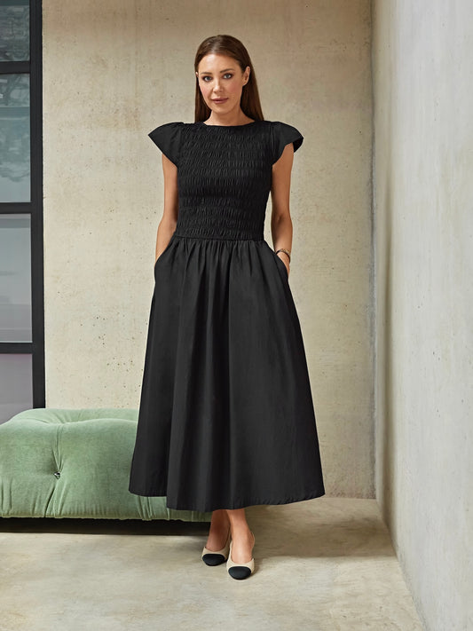 'ELIZABETH' SHIRRED BODICE SHORT SLEEVE MIDAXI DRESS BLACK
