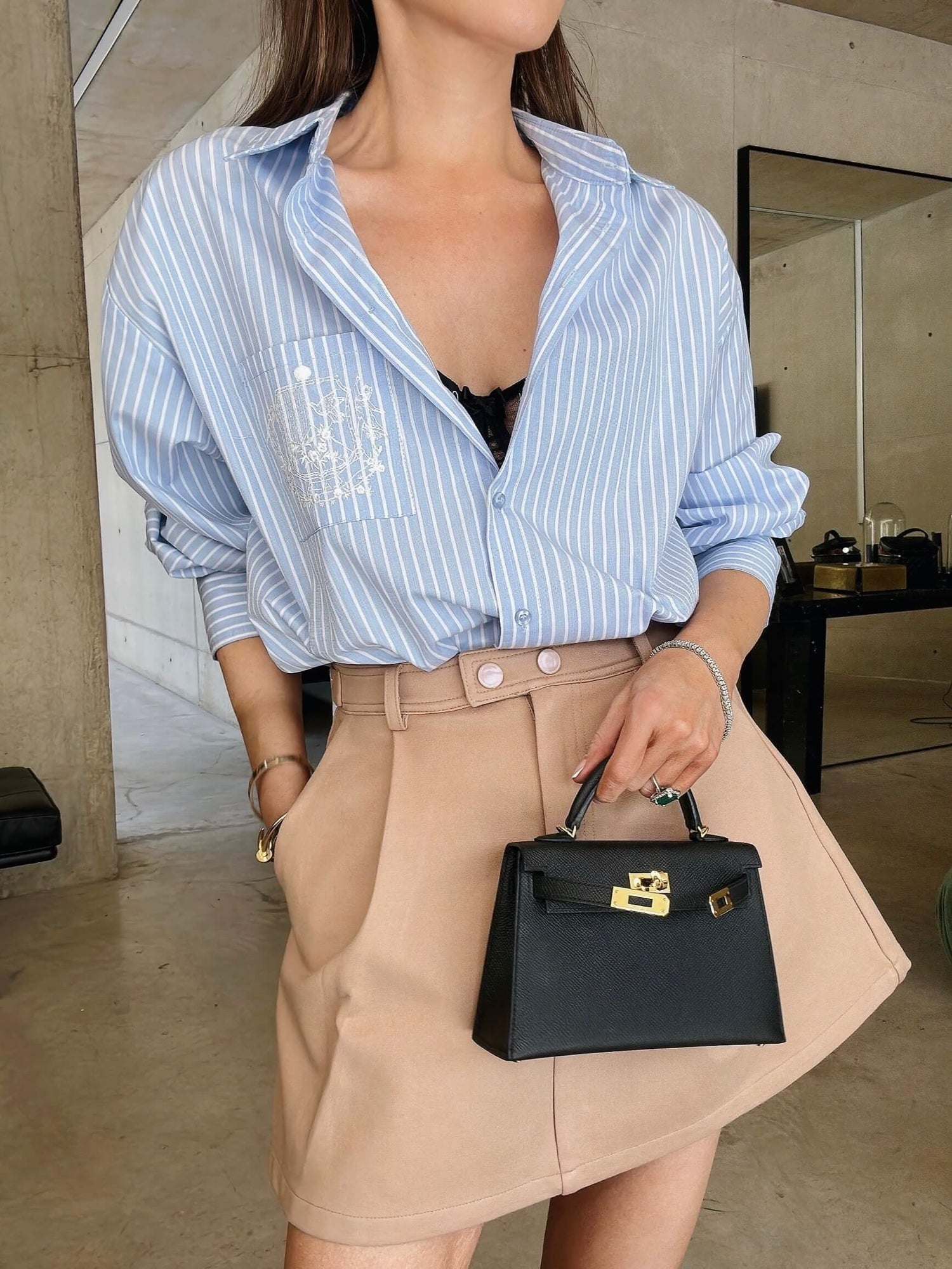 ‘EASY DOES IT’ STRIPE COTTON BOX PLEAT SHIRT BLUE
