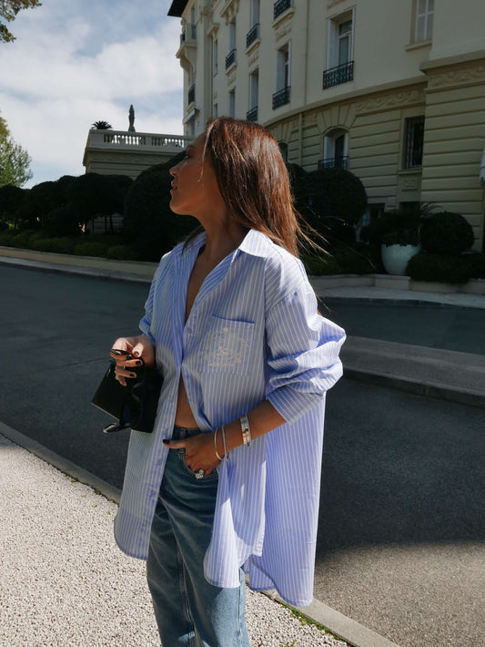 ‘EASY DOES IT’ STRIPE COTTON BOX PLEAT SHIRT BLUE