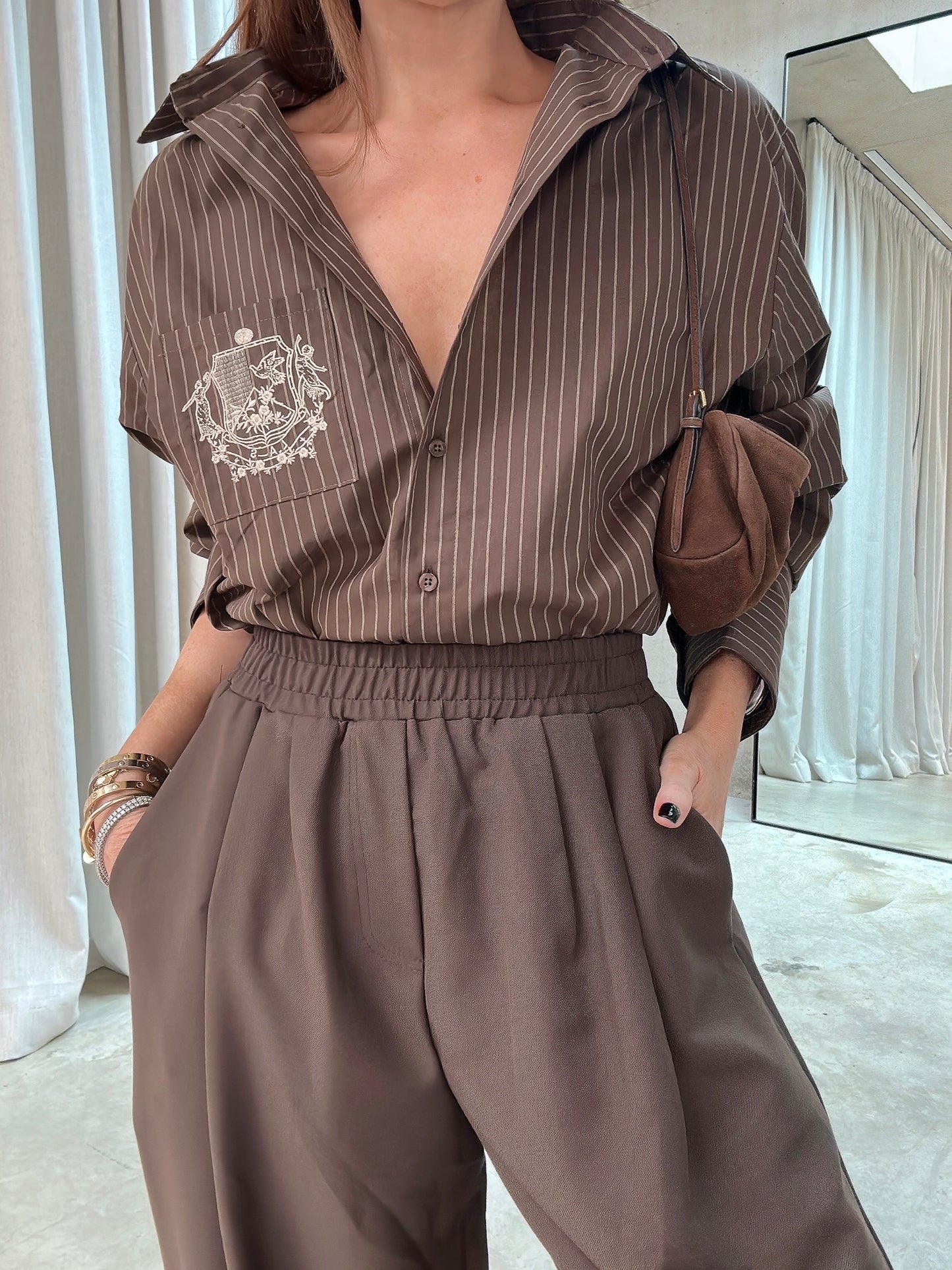 ‘EASY DOES IT’ STRIPE COTTON BOX PLEAT SHIRT BROWN