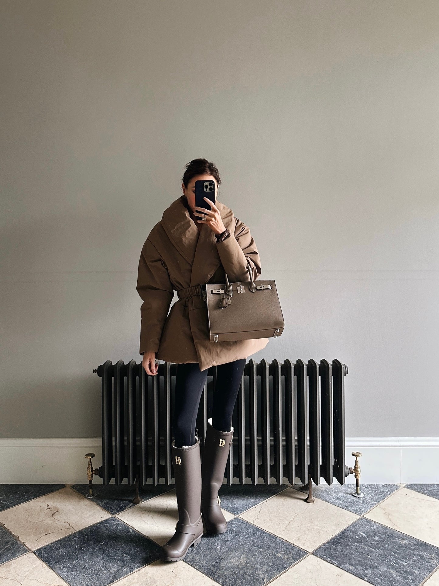 'MARAIS' SHAWL COLLAR BELTED PUFFER JACKET BROWN