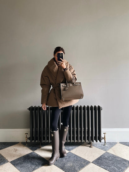 'MARAIS' SHAWL COLLAR BELTED PUFFER JACKET BROWN