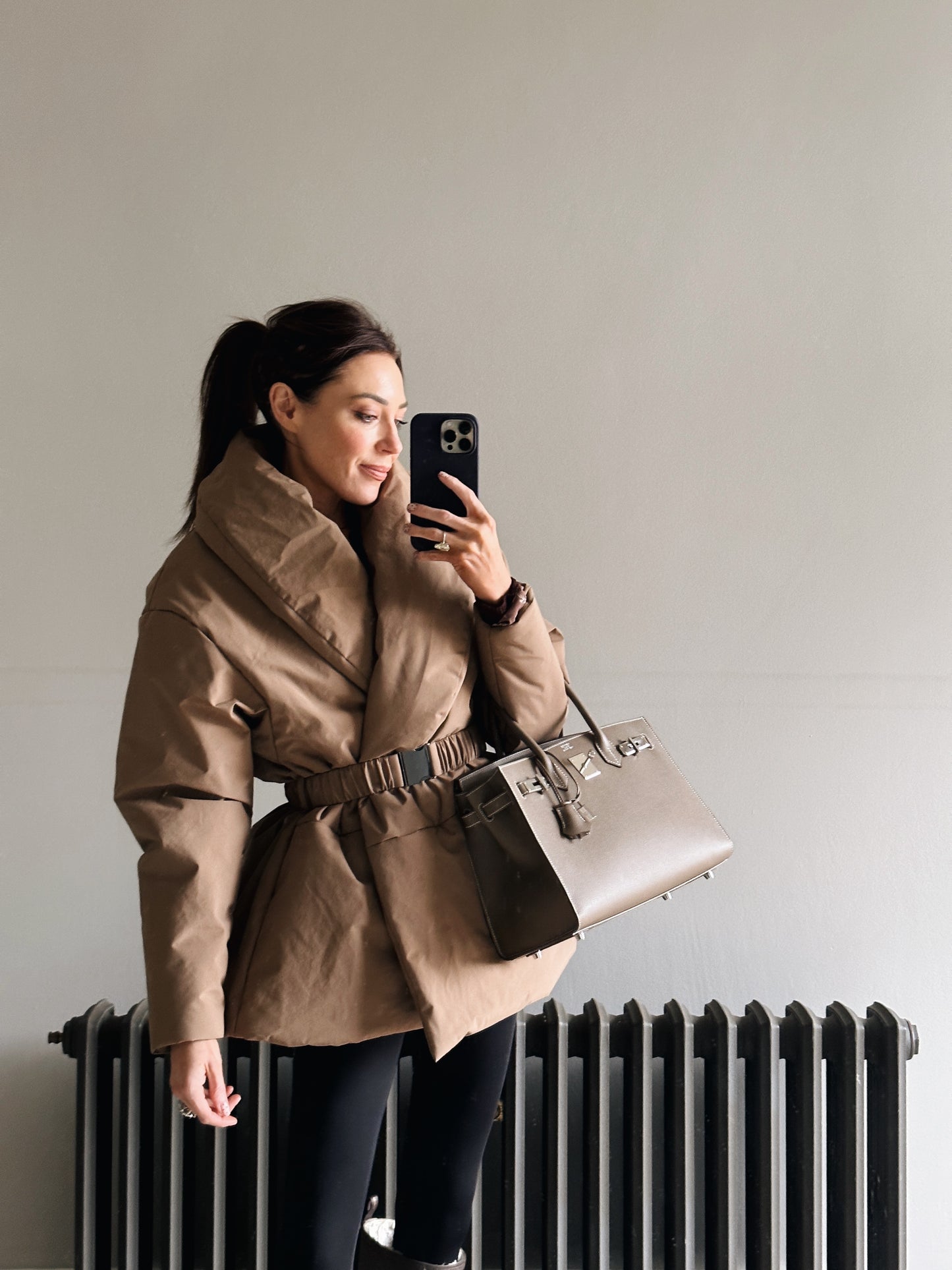 'MARAIS' SHAWL COLLAR BELTED PUFFER JACKET BROWN