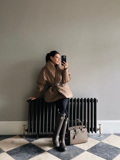 'MARAIS' SHAWL COLLAR BELTED PUFFER JACKET BROWN