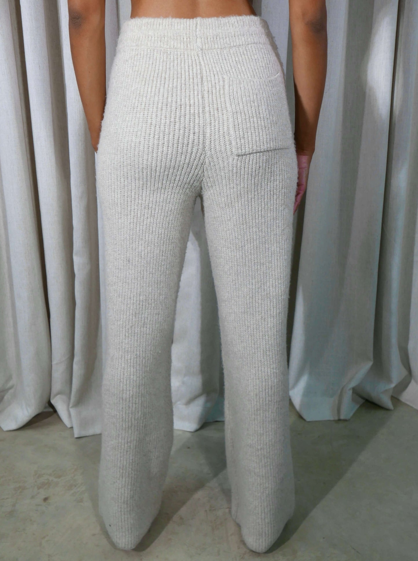 'CAMILLE' RIBBED DETAIL KNITTED WIDE LEG TROUSERS OATMEAL