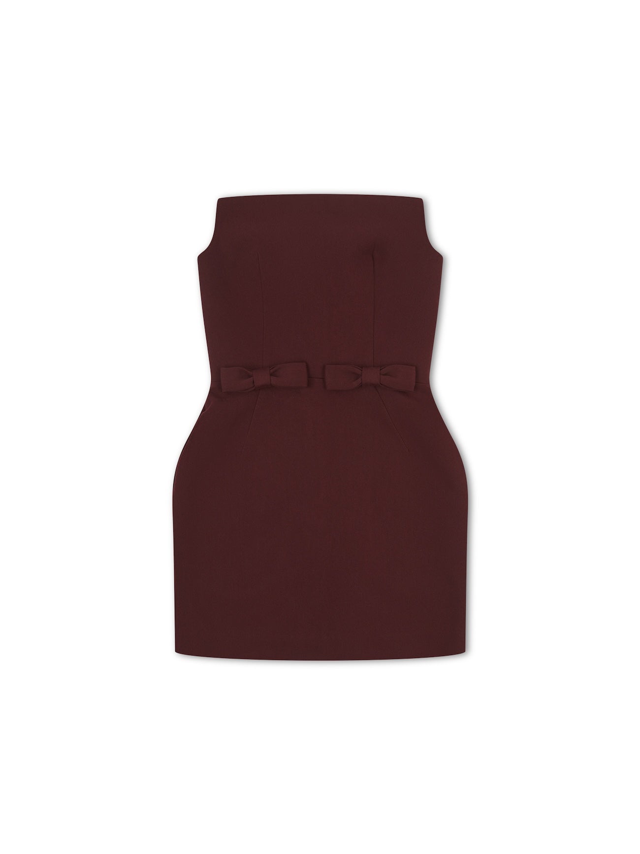 'SERAFINA' EXAGGERATED SQUARE BANDEAU BOW DETAIL MINI DRESS BURGUNDY