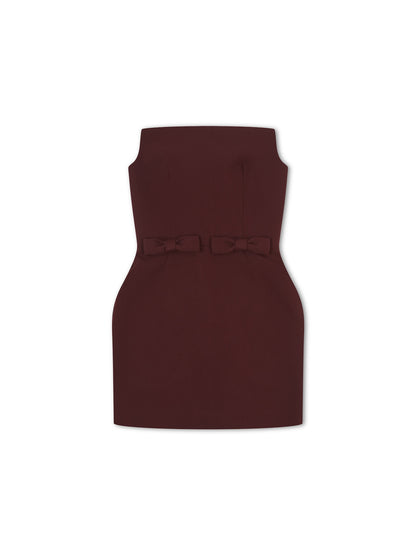 'SERAFINA' EXAGGERATED SQUARE BANDEAU BOW DETAIL MINI DRESS BURGUNDY