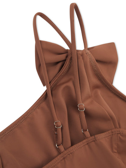 'VIENNA' ONE SHOULDER BOW DETAIL SWIMSUIT BROWN