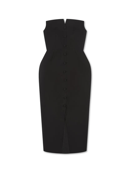 ***PRE-ORDER*** 'MARILYN' EXAGGERATED SQUARE BANDEAU BUTTON DETAIL MIDI DRESS BLACK