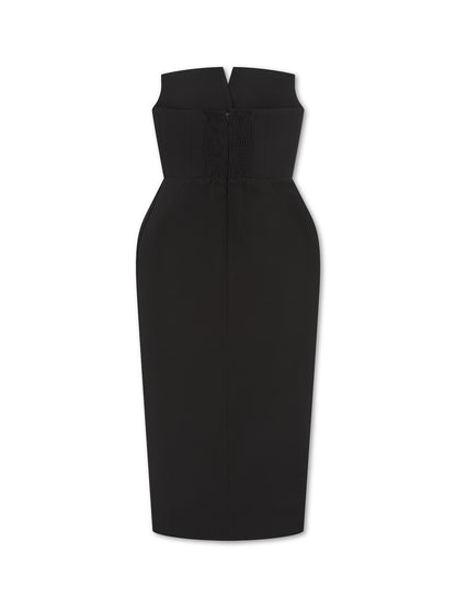 ***PRE-ORDER*** 'MARILYN' EXAGGERATED SQUARE BANDEAU BUTTON DETAIL MIDI DRESS BLACK