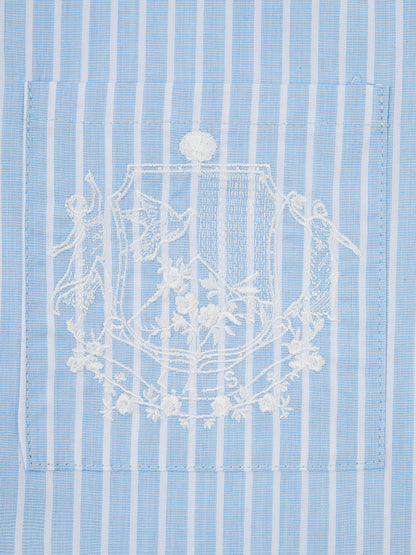 ‘EASY DOES IT’ STRIPE COTTON BOX PLEAT SHIRT BLUE