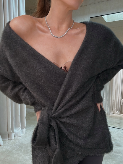 ***COMING SOON*** ‘POESY’ EYELASH KNITTED BALLERINA WRAP CARDIGAN SLATE GREY