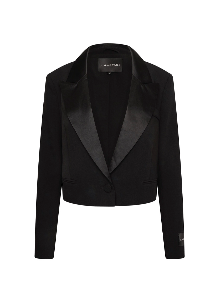 'HARLOW' CROPPED TUXEDO BLAZER BLACK