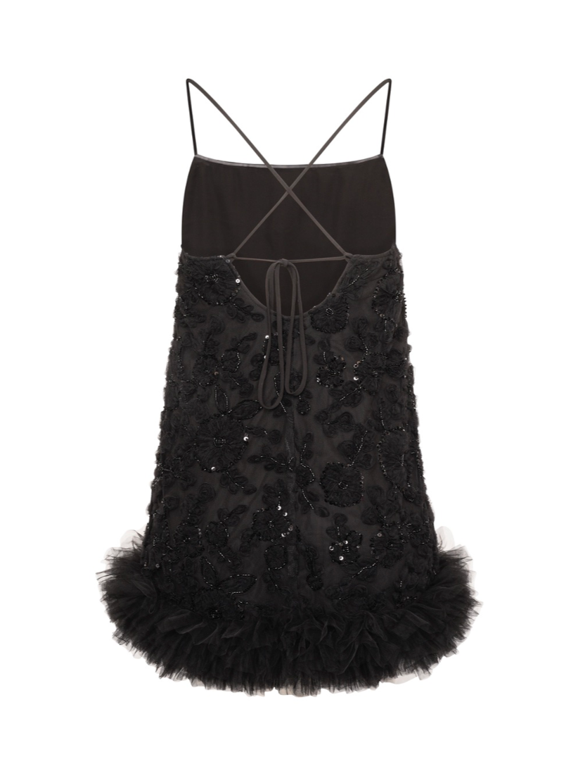 'FROU-FROU' EMBELLISHED SQUARE NECK MINI SLIP DRESS BLACK