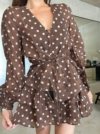 **PRE ORDER** 'VIVIAN' POLKA DOT LACE UP BLOUSE BROWN