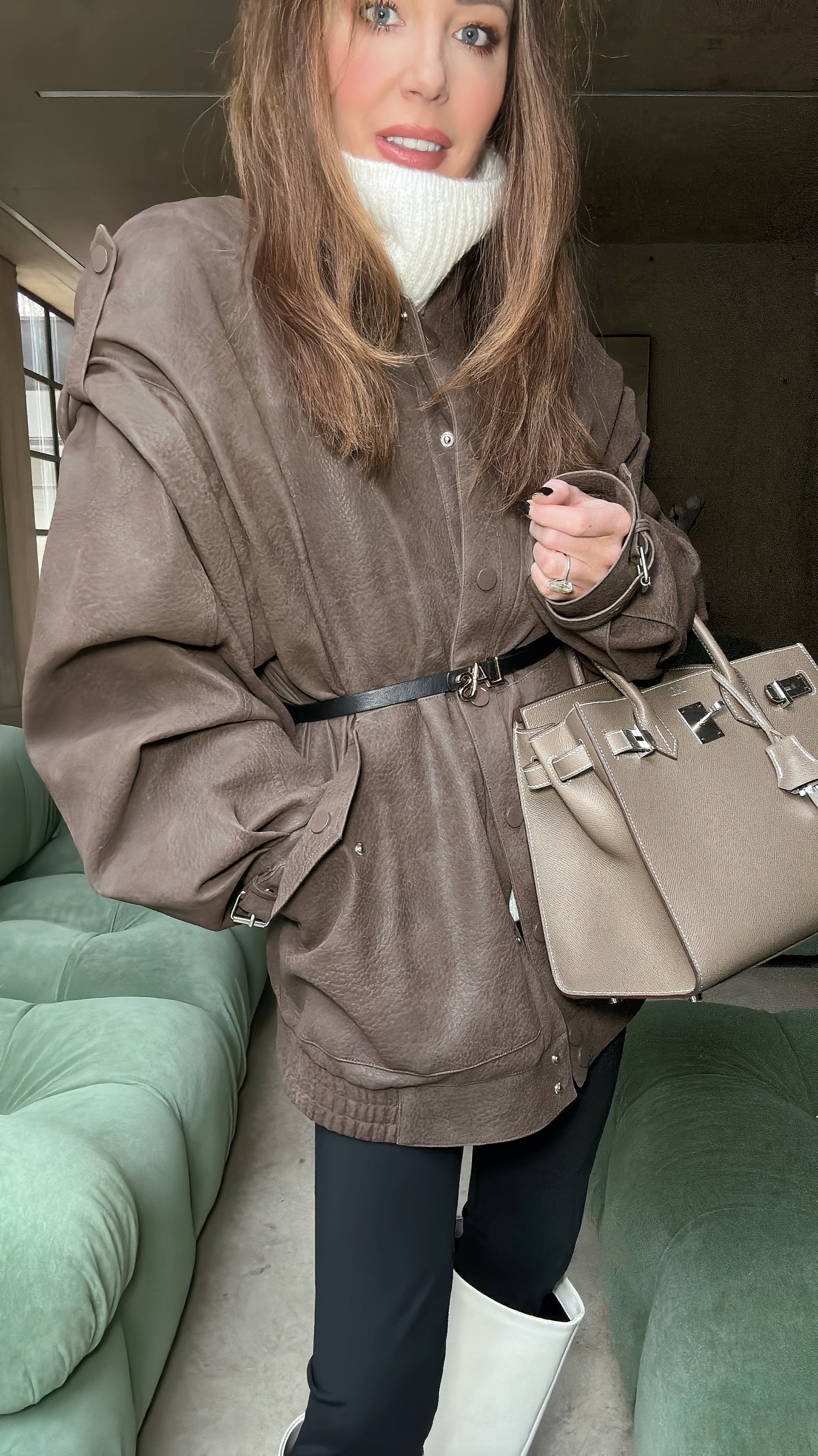 'SIENNA' FAUX LEATHER OVERSIZED MULTI WAY JACKET BROWN
