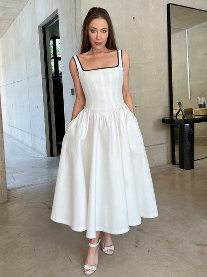'CHLOE' CORSETED SQUARE NECK MIDI DRESS WHITE